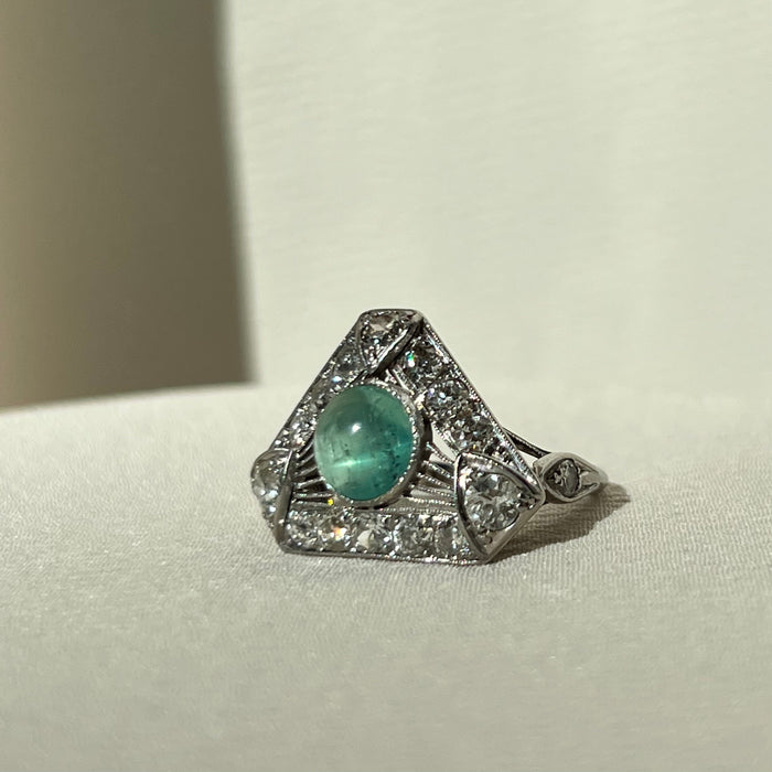 Platinum Art Deco Era Diamond and Emerald Ring