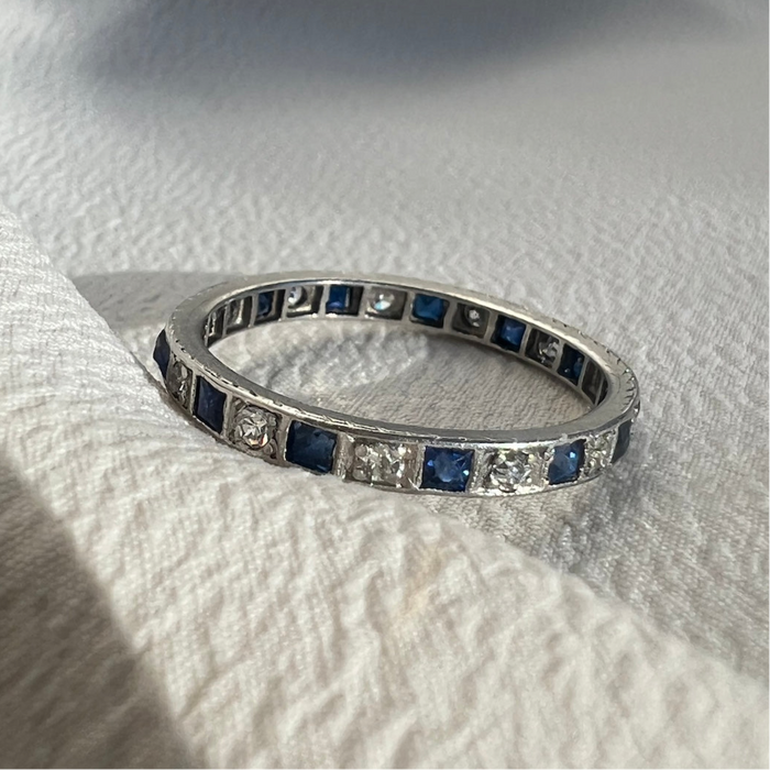 Art Deco Platinum Diamond and Sapphire Eternity Band