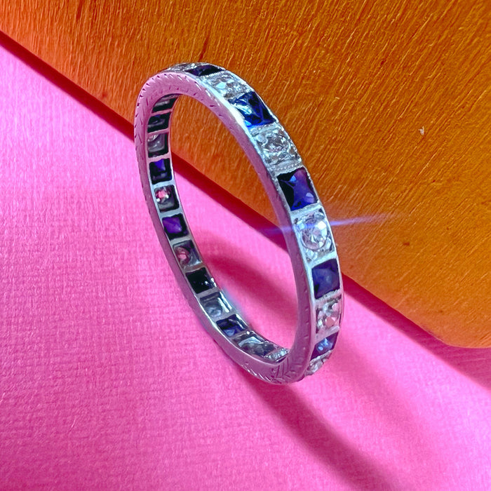 Art Deco Platinum Diamond and Sapphire Eternity Band