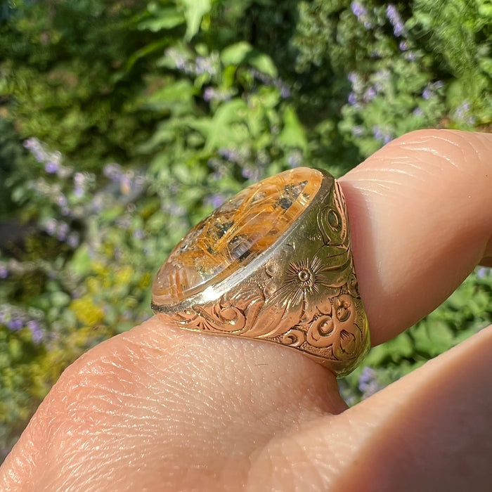 Incredible 14k Engraved Rutilated Quartz Ring