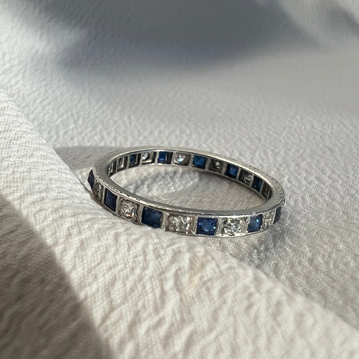 Art Deco Platinum Diamond and Sapphire Eternity Band