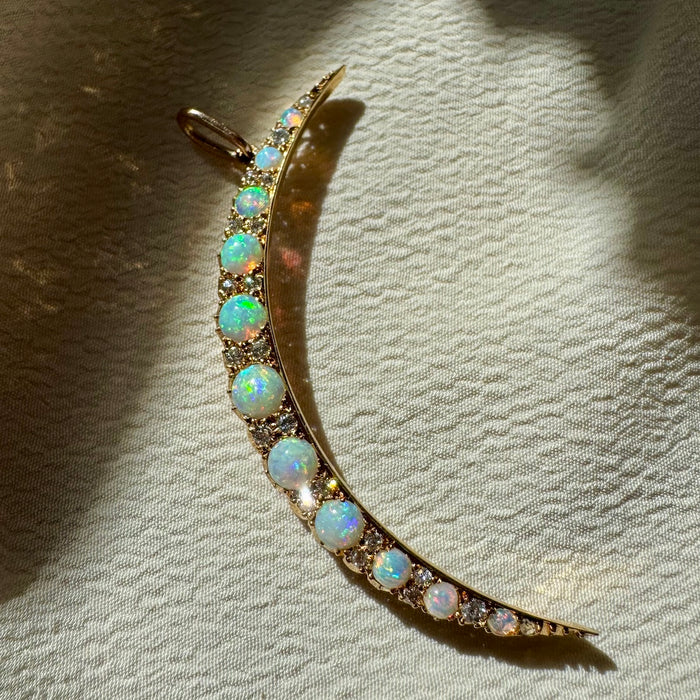 14k Opal and Diamond Crescent Moon Pendant