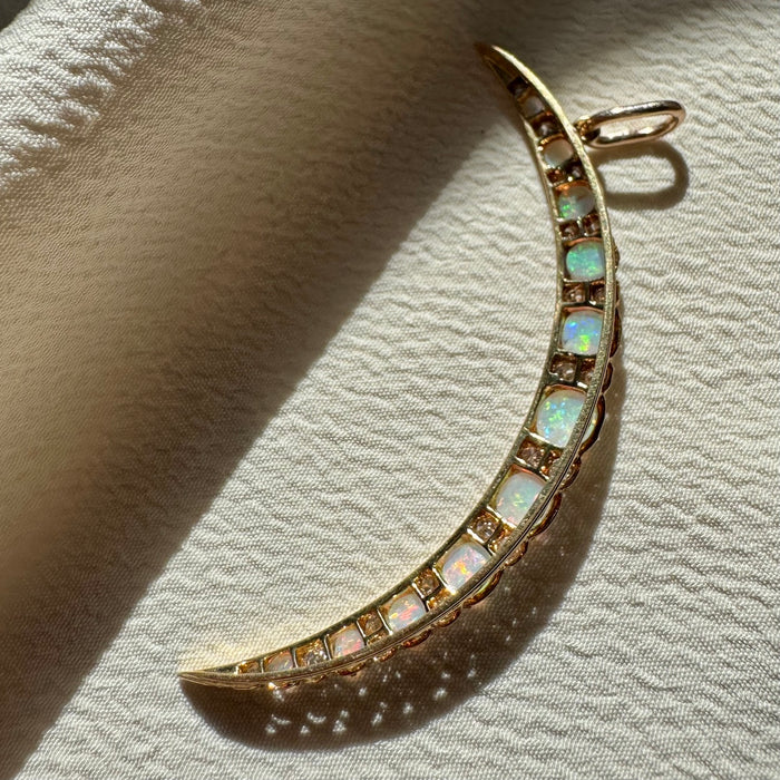 14k Opal and Diamond Crescent Moon Pendant