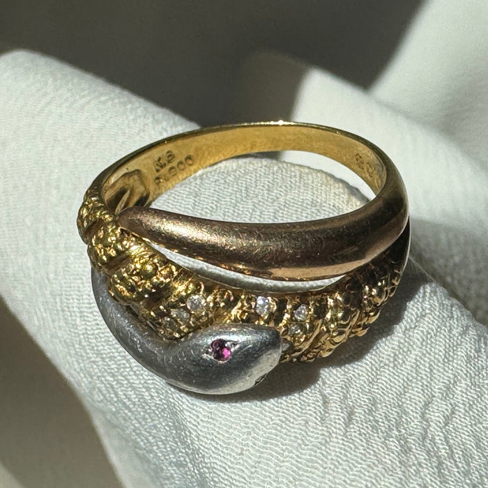 18k and Platinum Snake Ring with Ruby and Diamond