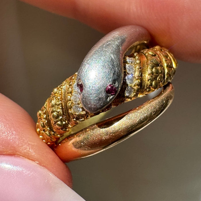 18k and Platinum Snake Ring with Ruby and Diamond
