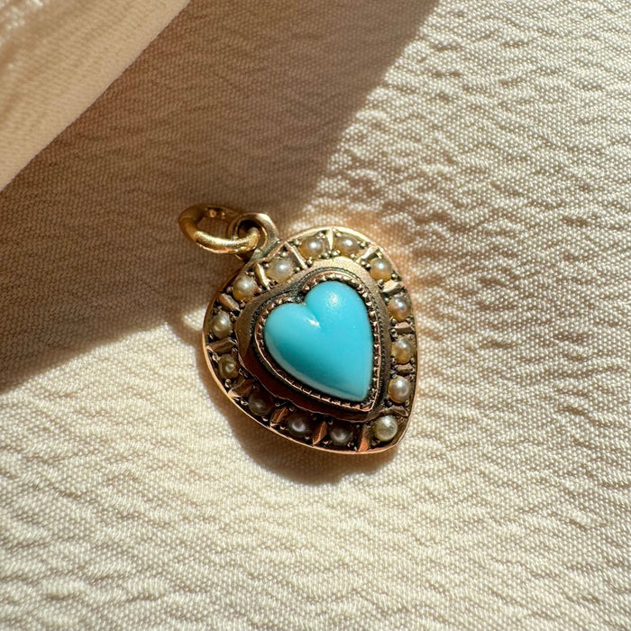 Victorian 14k Pearl and Turquoise Heart Charm
