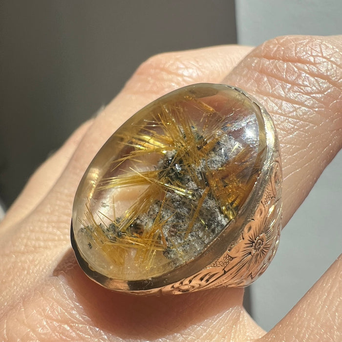 Incredible 14k Engraved Rutilated Quartz Ring