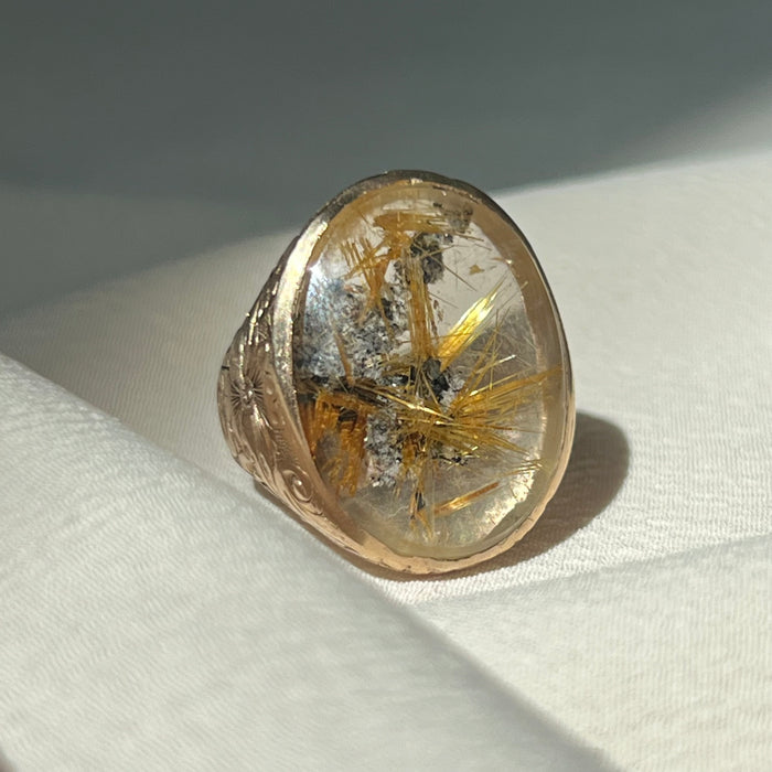 Incredible 14k Engraved Rutilated Quartz Ring