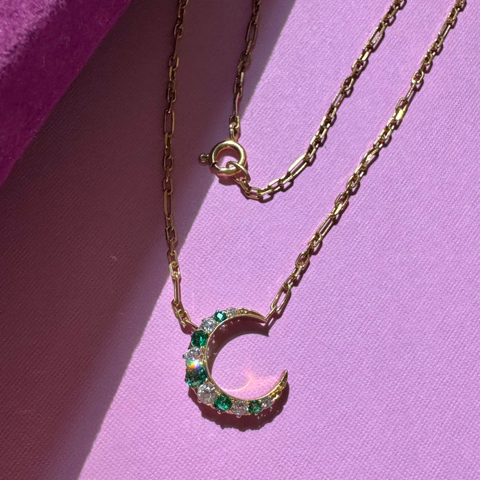 18k OMC Diamond and Emerald Crescent Necklace