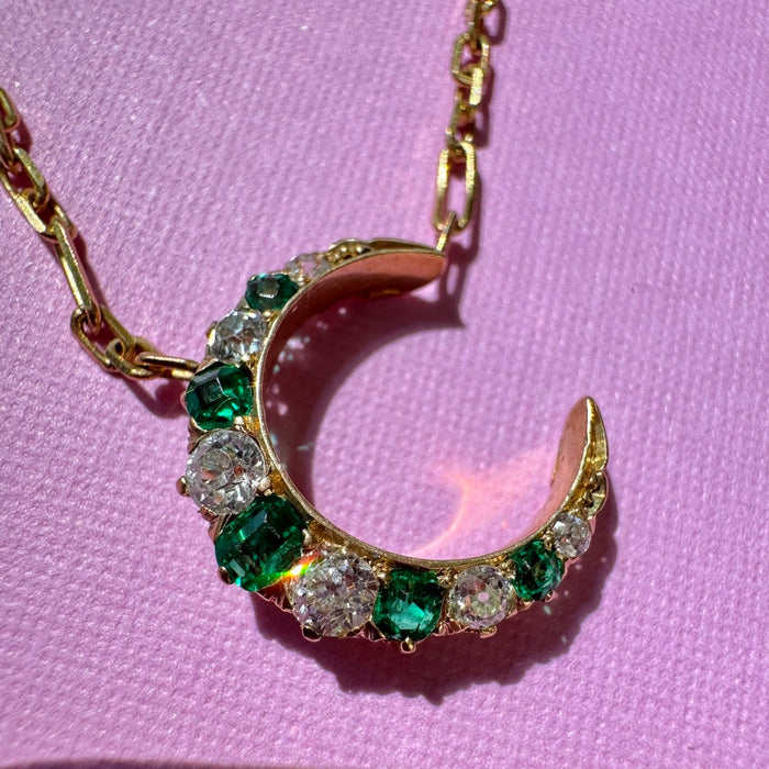 18k OMC Diamond and Emerald Crescent Necklace