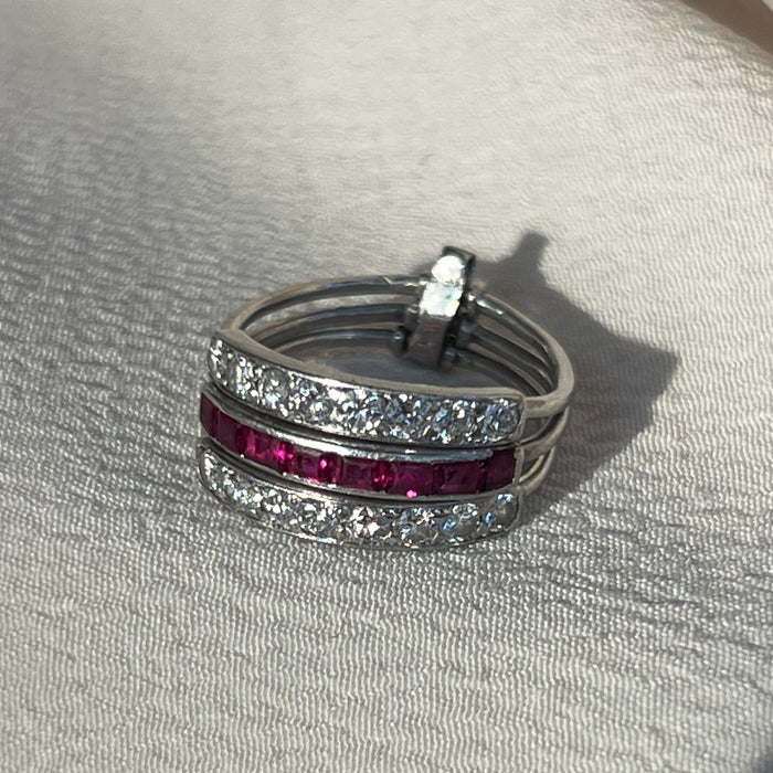 Art Deco Platinum Diamond and Ruby Harem Ring