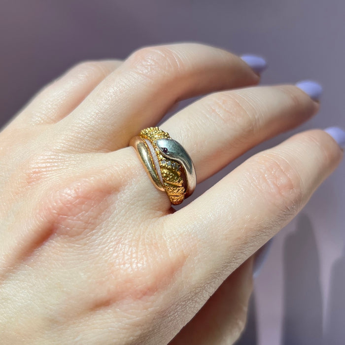 18k and Platinum Snake Ring with Ruby and Diamond