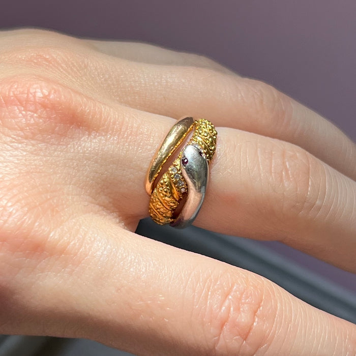 18k and Platinum Snake Ring with Ruby and Diamond