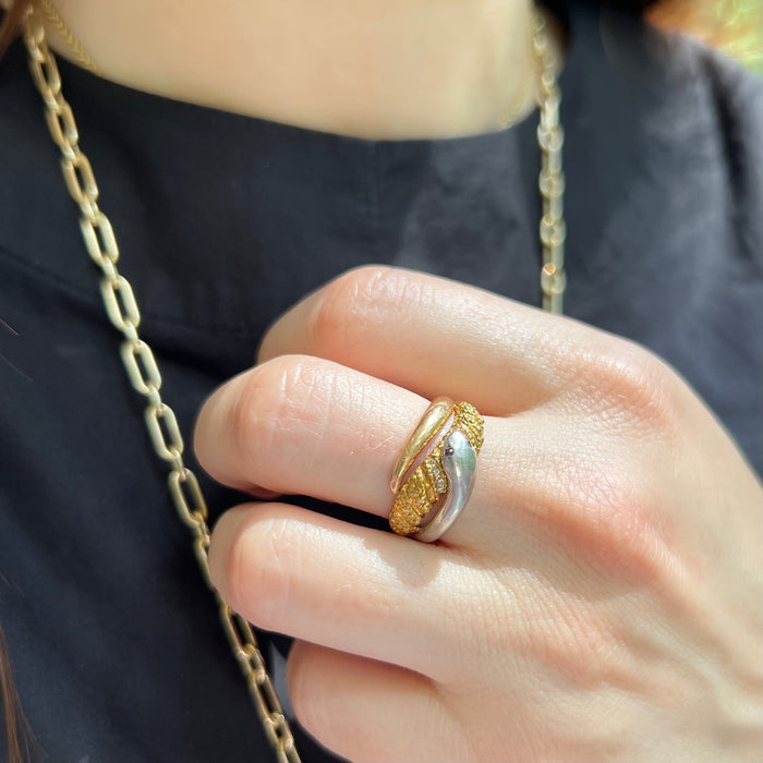 18k and Platinum Snake Ring with Ruby and Diamond