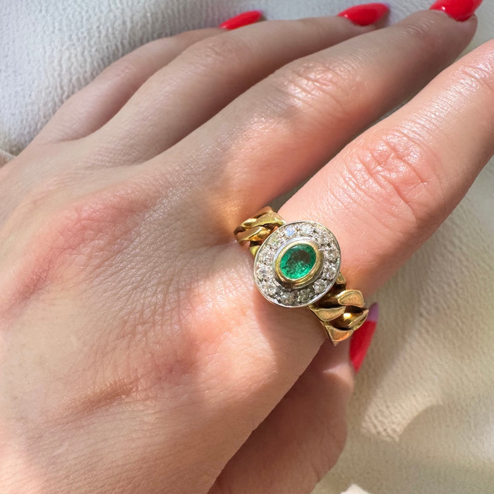 18k Emerald and Diamond Curb Ring