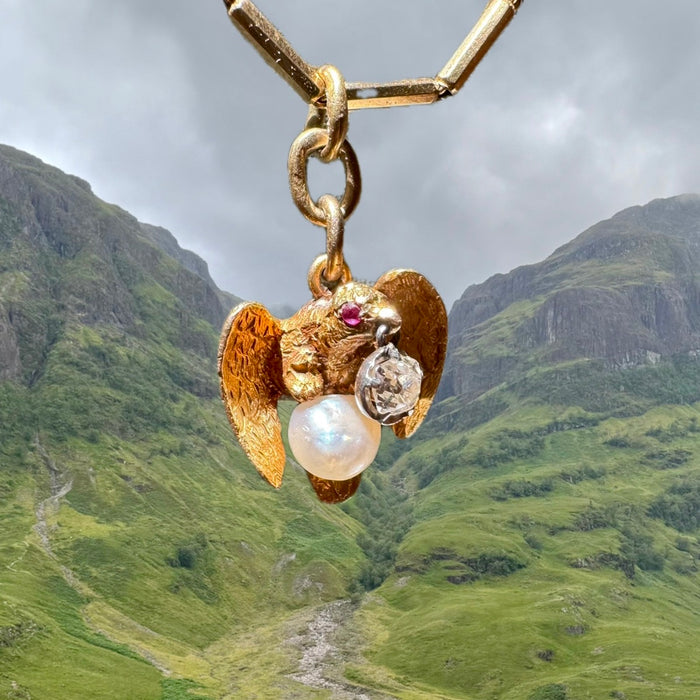 Victorian 18k Diamond, Ruby, and Pearl Eagle Pendant