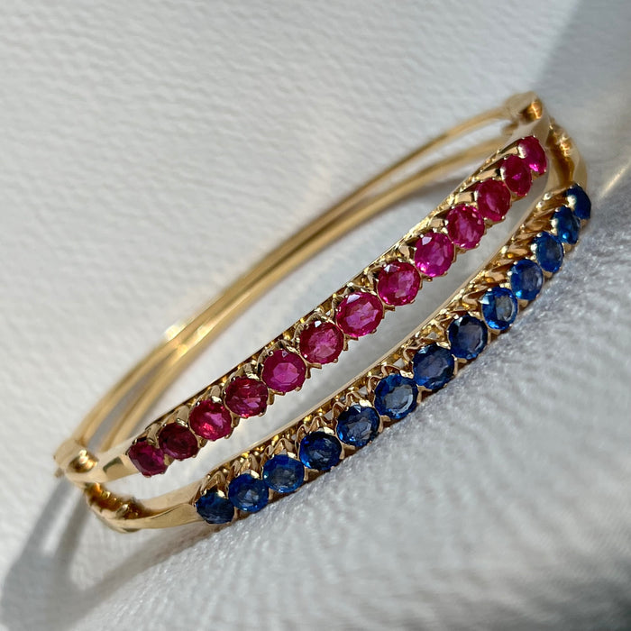 18k Ruby and Sapphire Hinged Bangle Bracelets