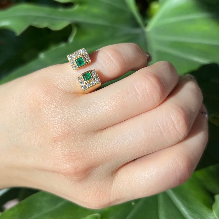 18k Emerald and Diamond Square Open Ring