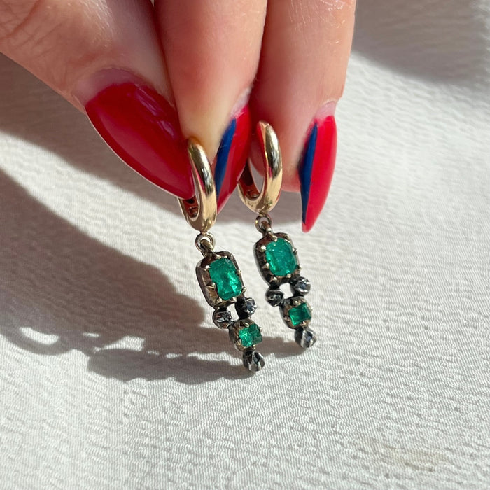 14k Collet Set Emerald and Diamond Huggies
