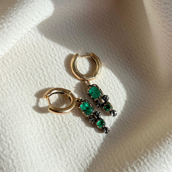 14k Collet Set Emerald and Diamond Huggies