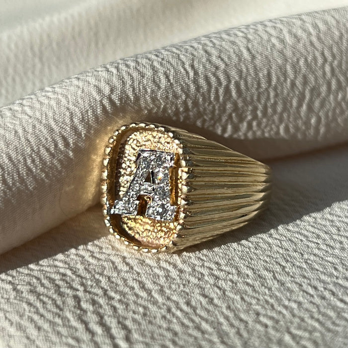 14k Diamond A Signet Ring