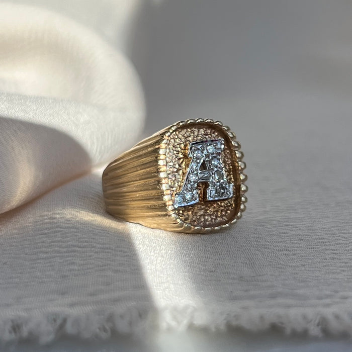 14k Diamond A Signet Ring