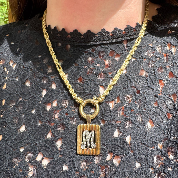 14k Diamond Letter M Ribbed Pendant