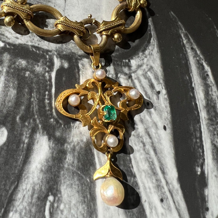 Antique 18k Pearl and Emerald Pendant
