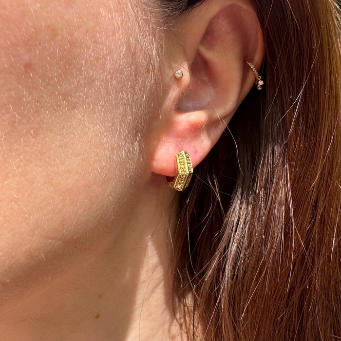 14k Yellow and White Sapphire Hex Huggies