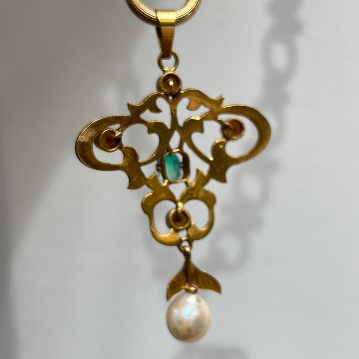 Antique 18k Pearl and Emerald Pendant