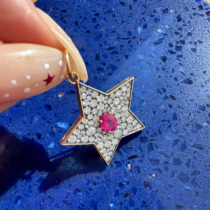 14k Pave Diamond and Ruby Star Charm