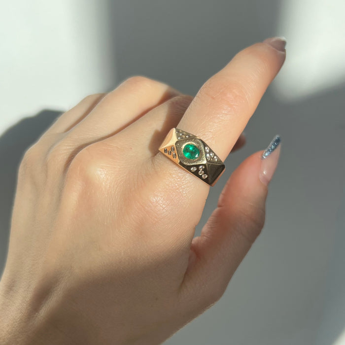 14k Faceted Emerald and Diamond Ring
