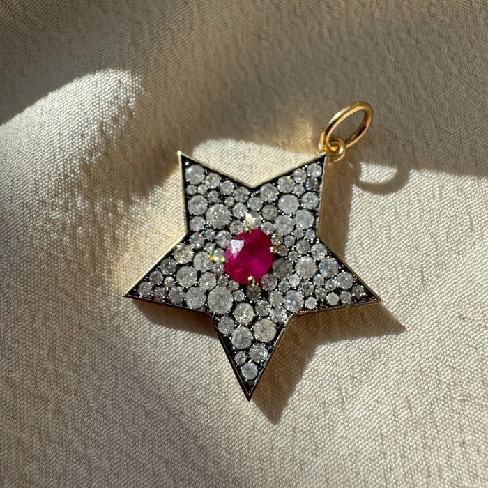 14k Pave Diamond and Ruby Star Charm