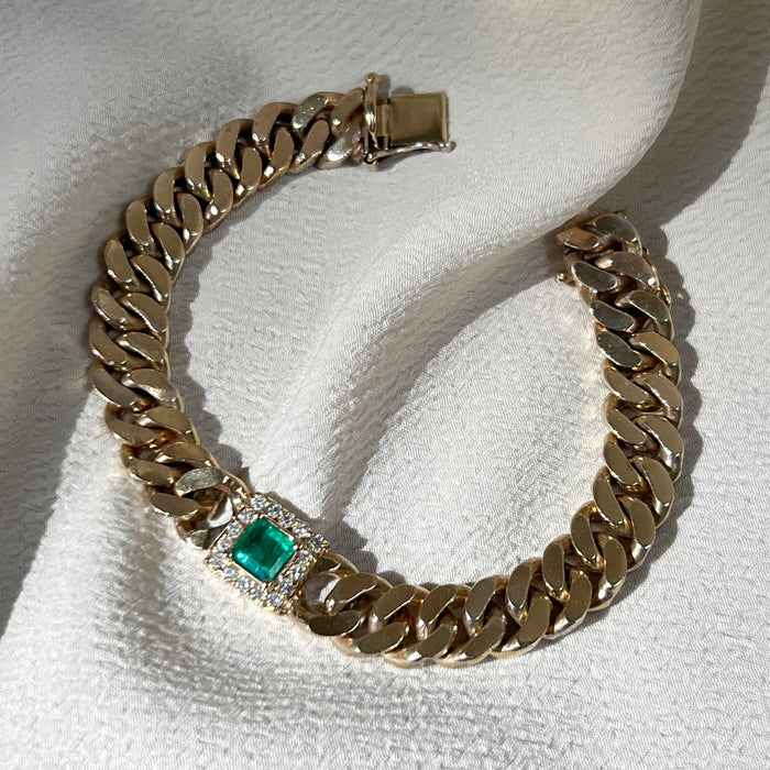 Custom 14k Emerald and Diamond Curb Bracelet
