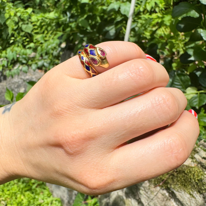 18k Enamel Snake Ring with Ruby Eyes