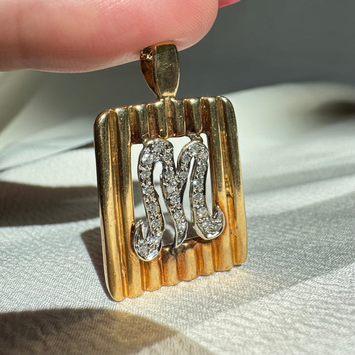 14k Diamond Letter M Ribbed Pendant