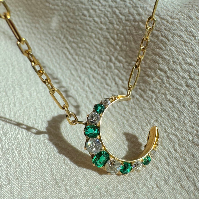 18k OMC Diamond and Emerald Crescent Necklace