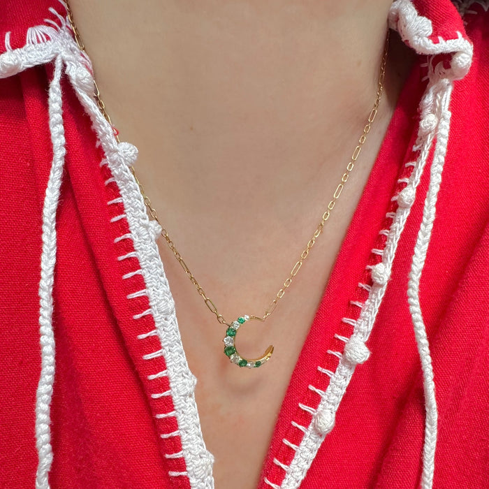 18k OMC Diamond and Emerald Crescent Necklace