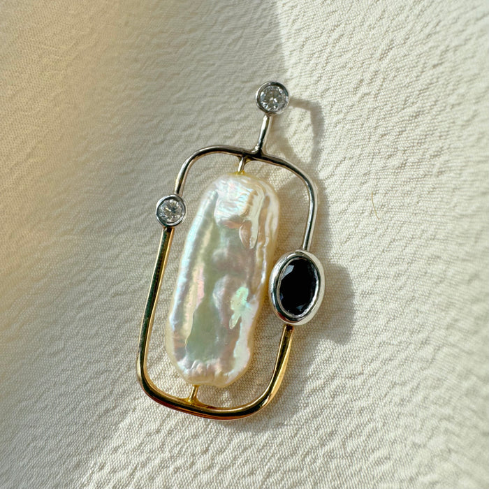 Modernist 14k Pearl, Diamond, and Sapphire Pendant