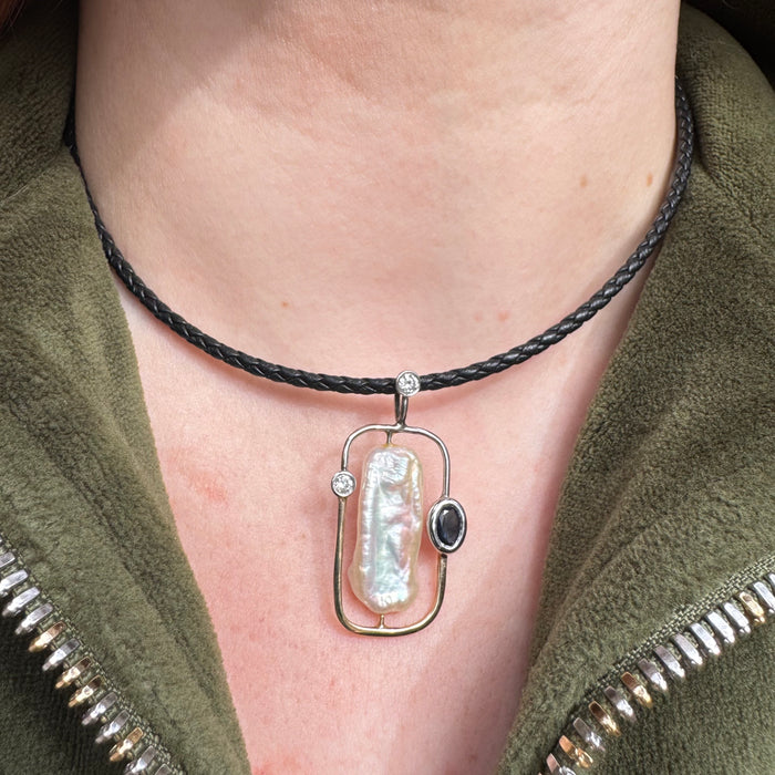 Modernist 14k Pearl, Diamond, and Sapphire Pendant