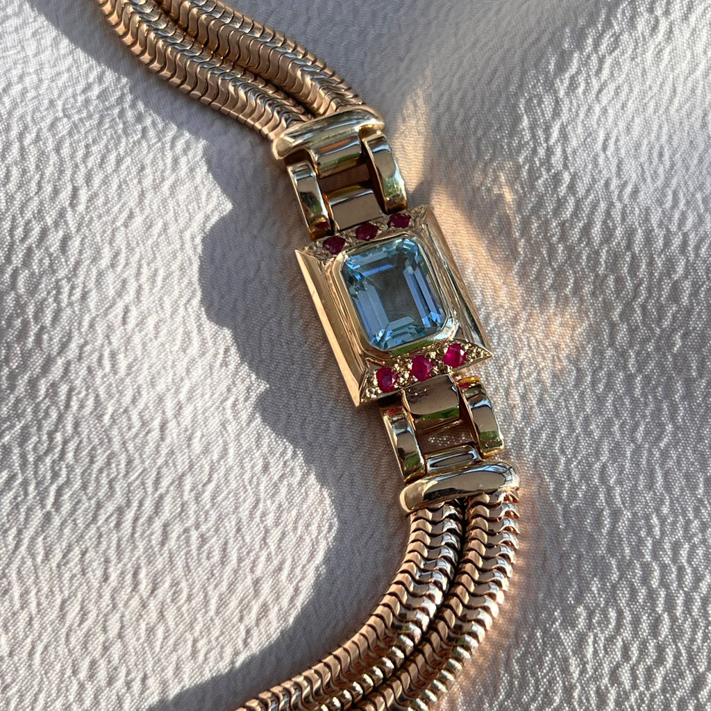 Bespoke 14k Aquamarine and Ruby Bracelet