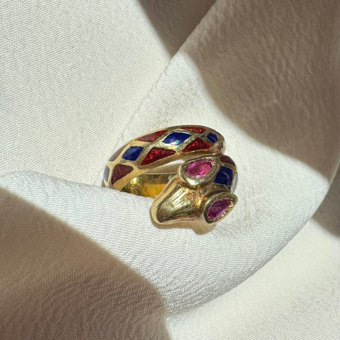 18k Enamel Snake Ring with Ruby Eyes