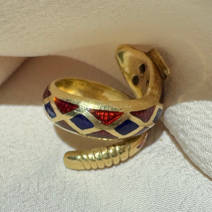 18k Enamel Snake Ring with Ruby Eyes