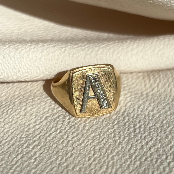 14k Diamond "A" Signet Ring