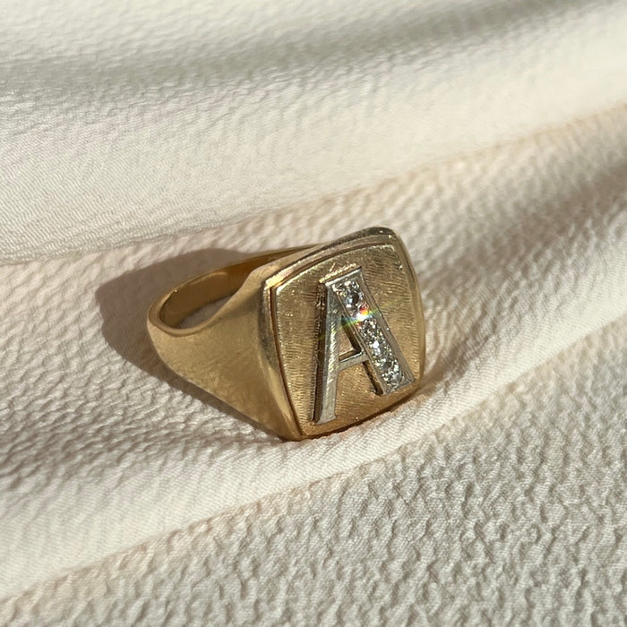 14k Diamond "A" Signet Ring