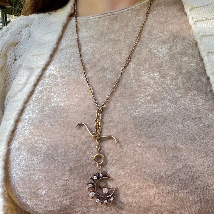 14k Old Mine Cut Diamond Crescent with Star