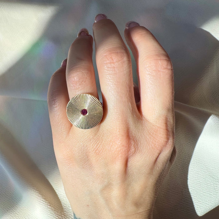 14k Ruby Engine Turned Ring