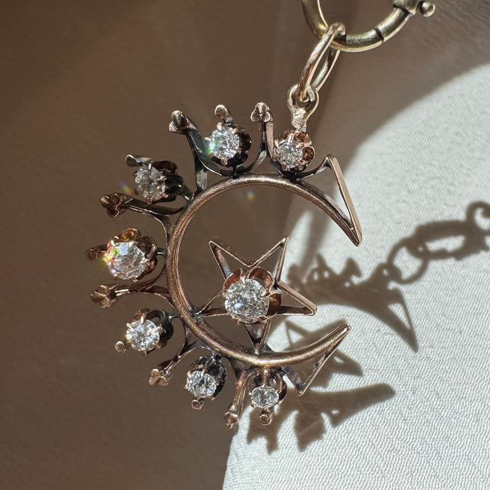14k Old Mine Cut Diamond Crescent with Star