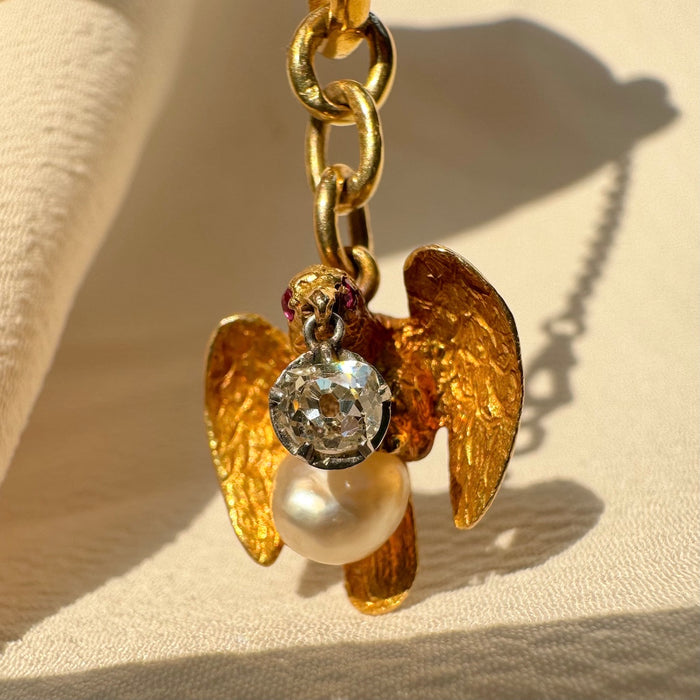 Victorian 18k Diamond, Ruby, and Pearl Eagle Pendant