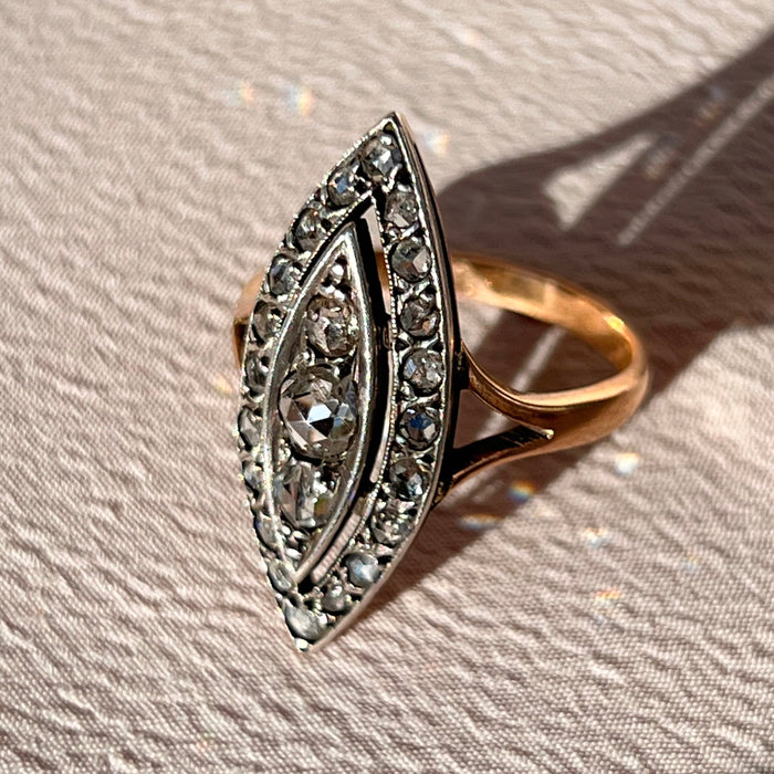 14k Antique Rose Cut Diamond Navette Ring